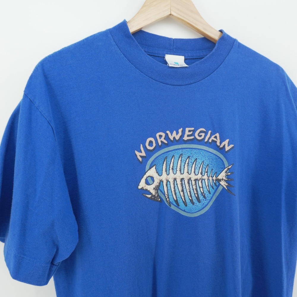 Vintage Norwegian Cruise T-Shirt Men XL Blue Fish Skeleton 90s Single Stitch Tee